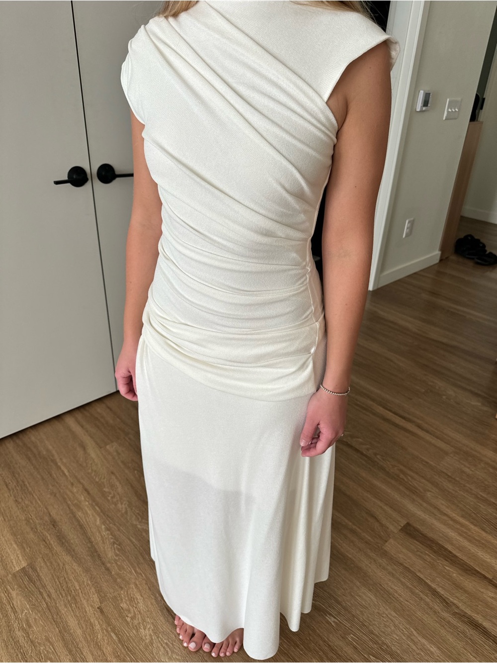 Sleeveless Ivory Ruched Maxi Dress by